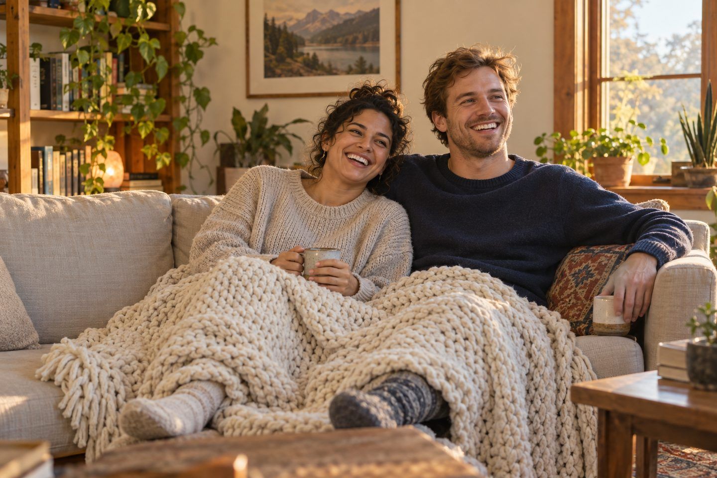 Two friends, a man and a woman, laughing together under a cozy blanket on a couch